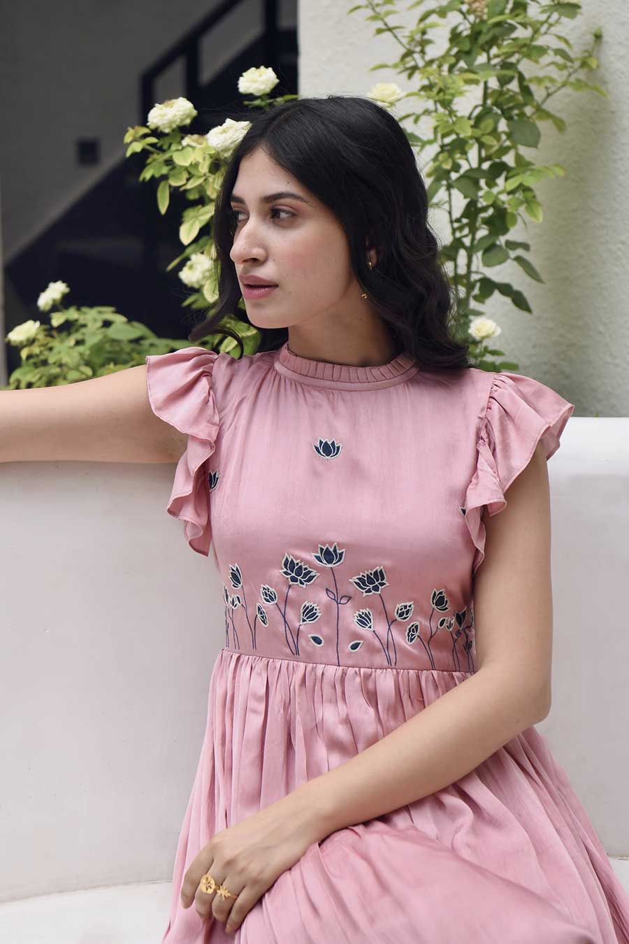 Coral Pink Two-Tier Embroidered Dress