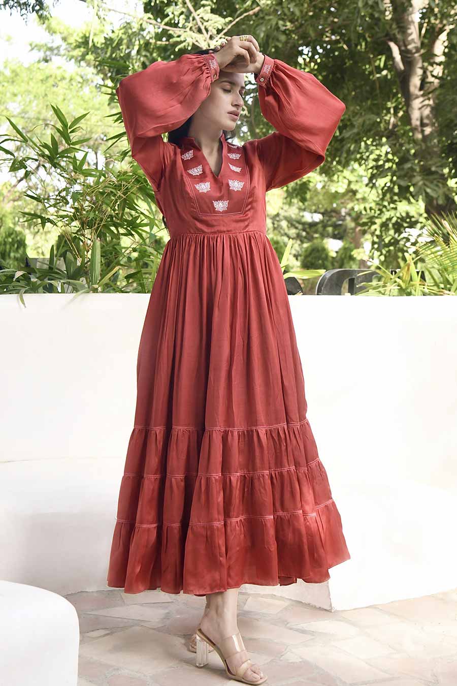 Persian Red Hand Embroidered Satin Dress
