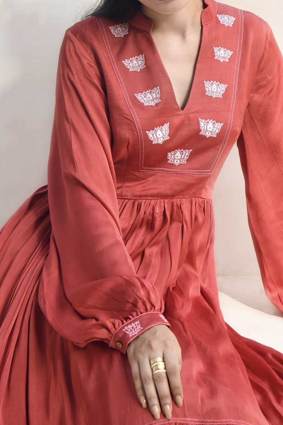 Persian Red Hand Embroidered Satin Dress