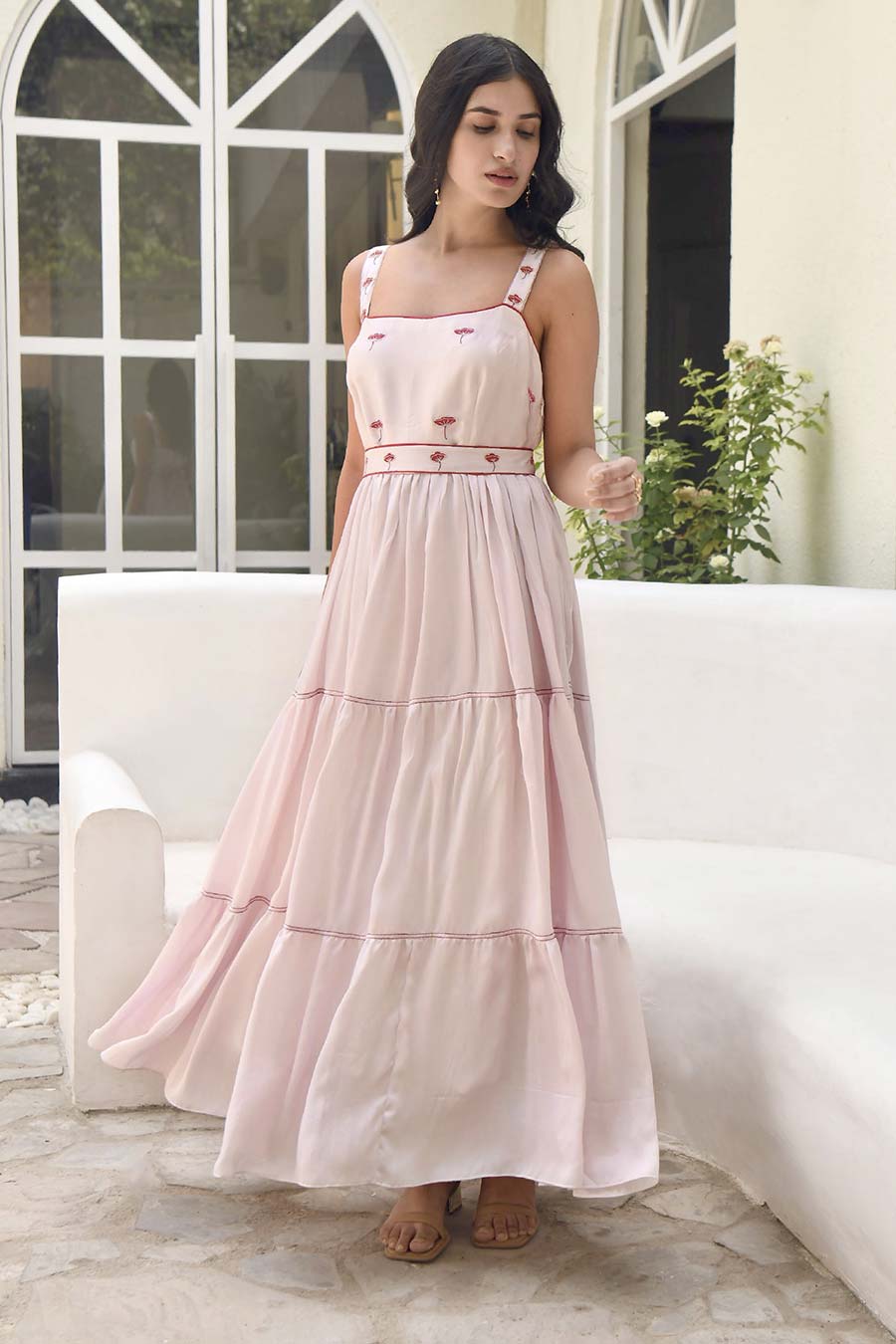 Rosewater Pink 3-Tier Embroidered Dress