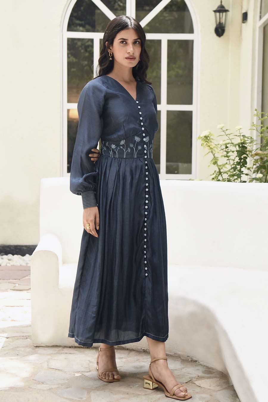 Midnight Bloom Silk Embroidered Dress
