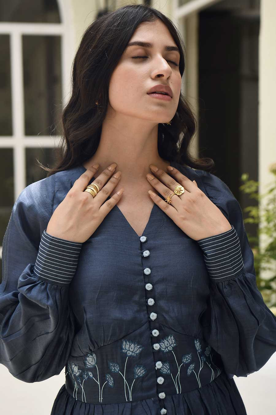 Midnight Bloom Silk Embroidered Dress