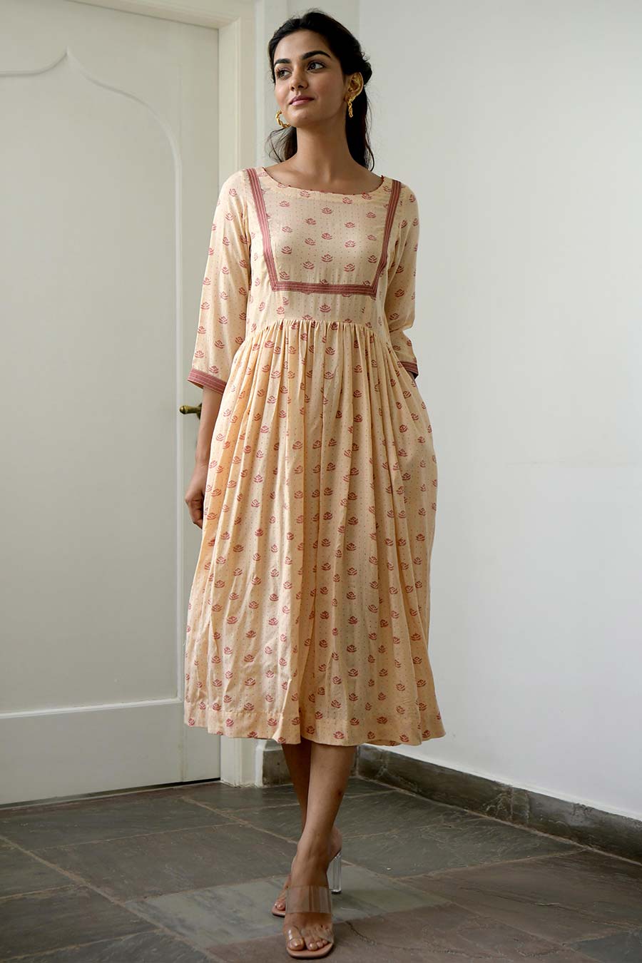 Peach & Salmon Gathered Midi Dress
