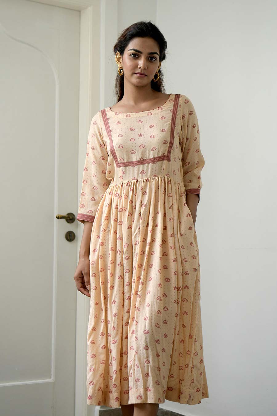 Peach & Salmon Gathered Midi Dress