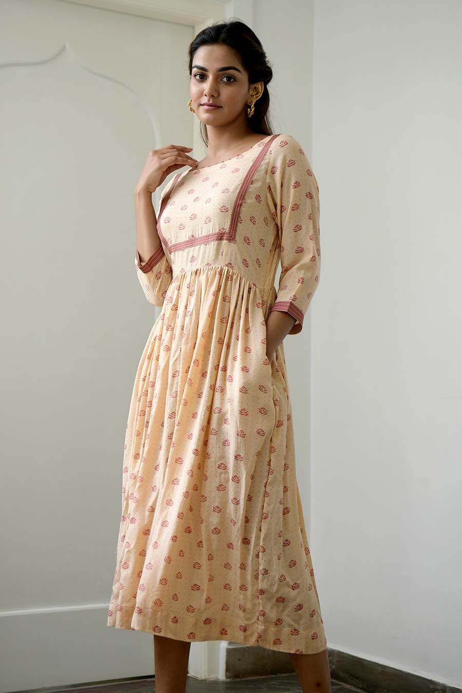 Peach & Salmon Gathered Midi Dress