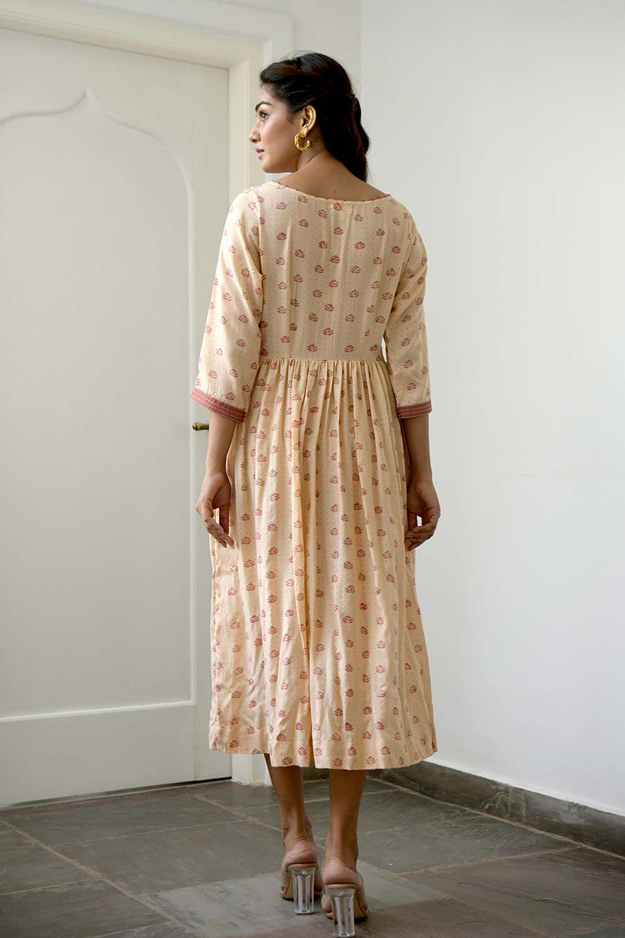 Peach & Salmon Gathered Midi Dress
