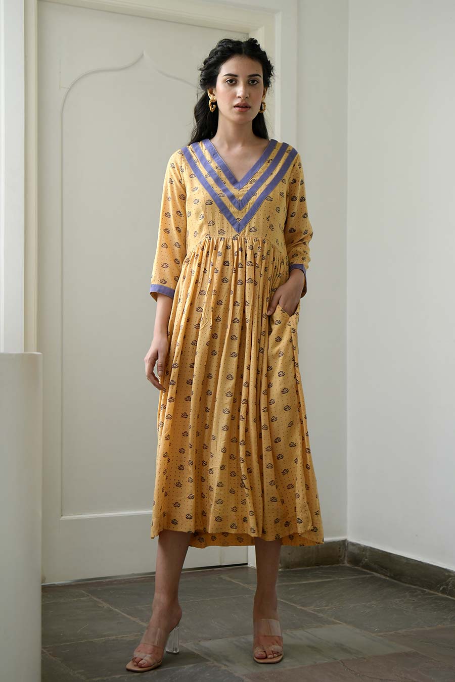Lemon & Lilac Gathered Midi Dress