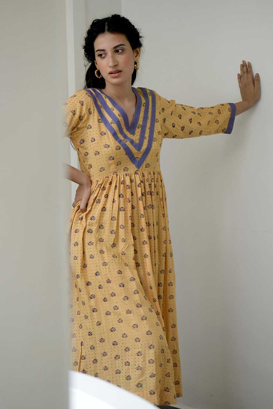 Lemon & Lilac Gathered Midi Dress