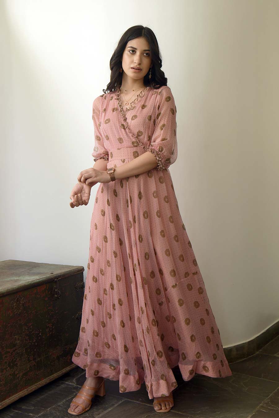 Peach Pressed Flower Maxi Dress