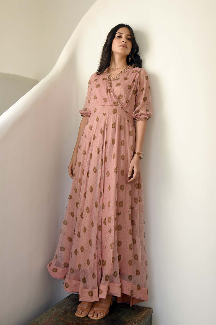Peach Pressed Flower Maxi Dress
