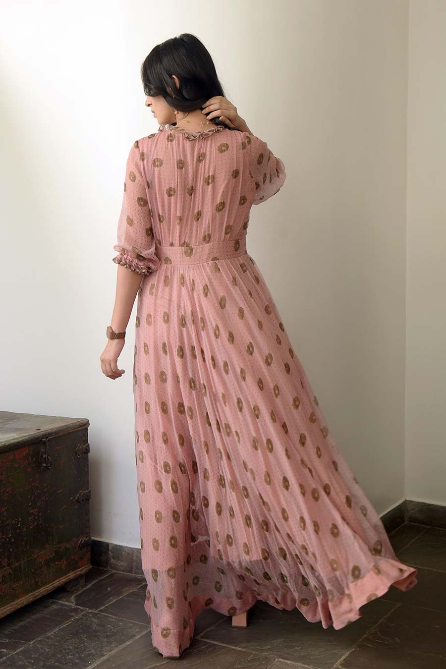 Peach Pressed Flower Maxi Dress