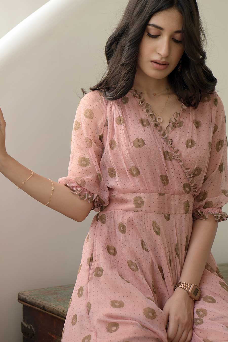Peach Pressed Flower Maxi Dress