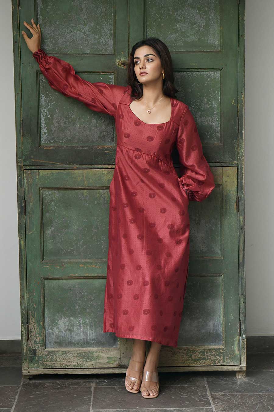 Brick Red Chanderi A-Line Dress