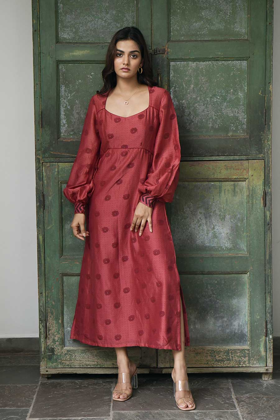 Brick Red Chanderi A-Line Dress