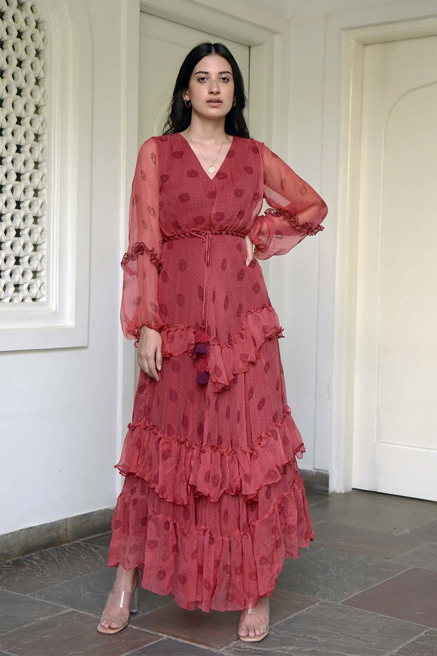 Dusty Sangria 3-Tier Ruffled Dress