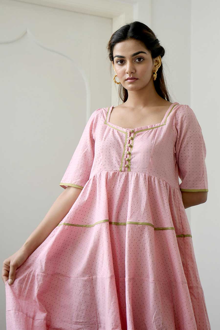 French Rose Chanderi Tiered Dress
