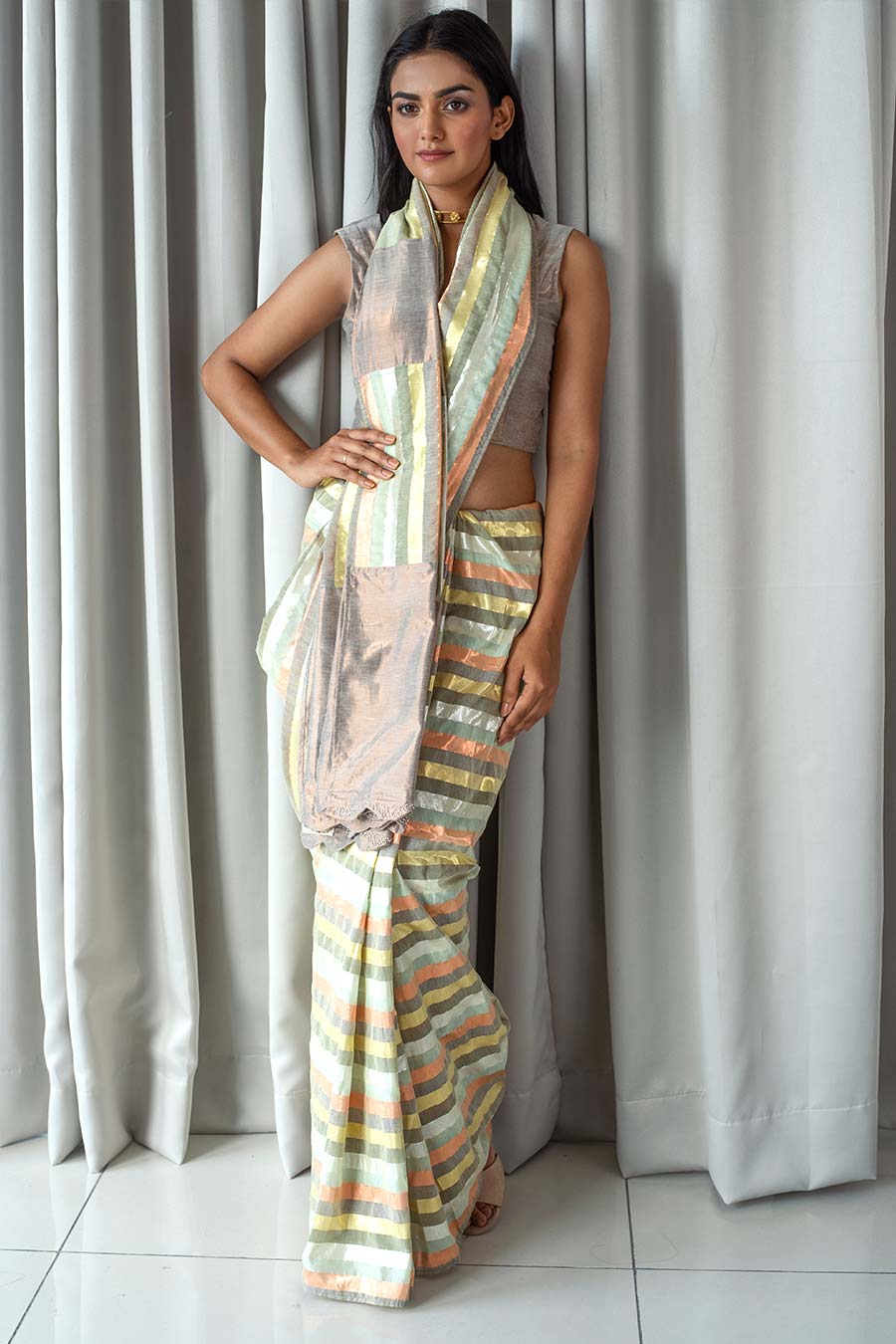 Metallic Shades Striped Saree & Blouse Set