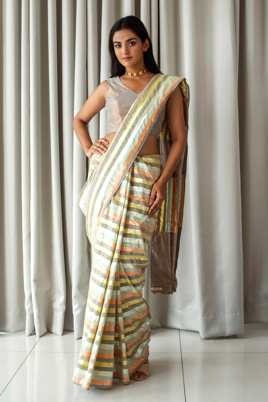 Metallic Shades Striped Saree & Blouse Set