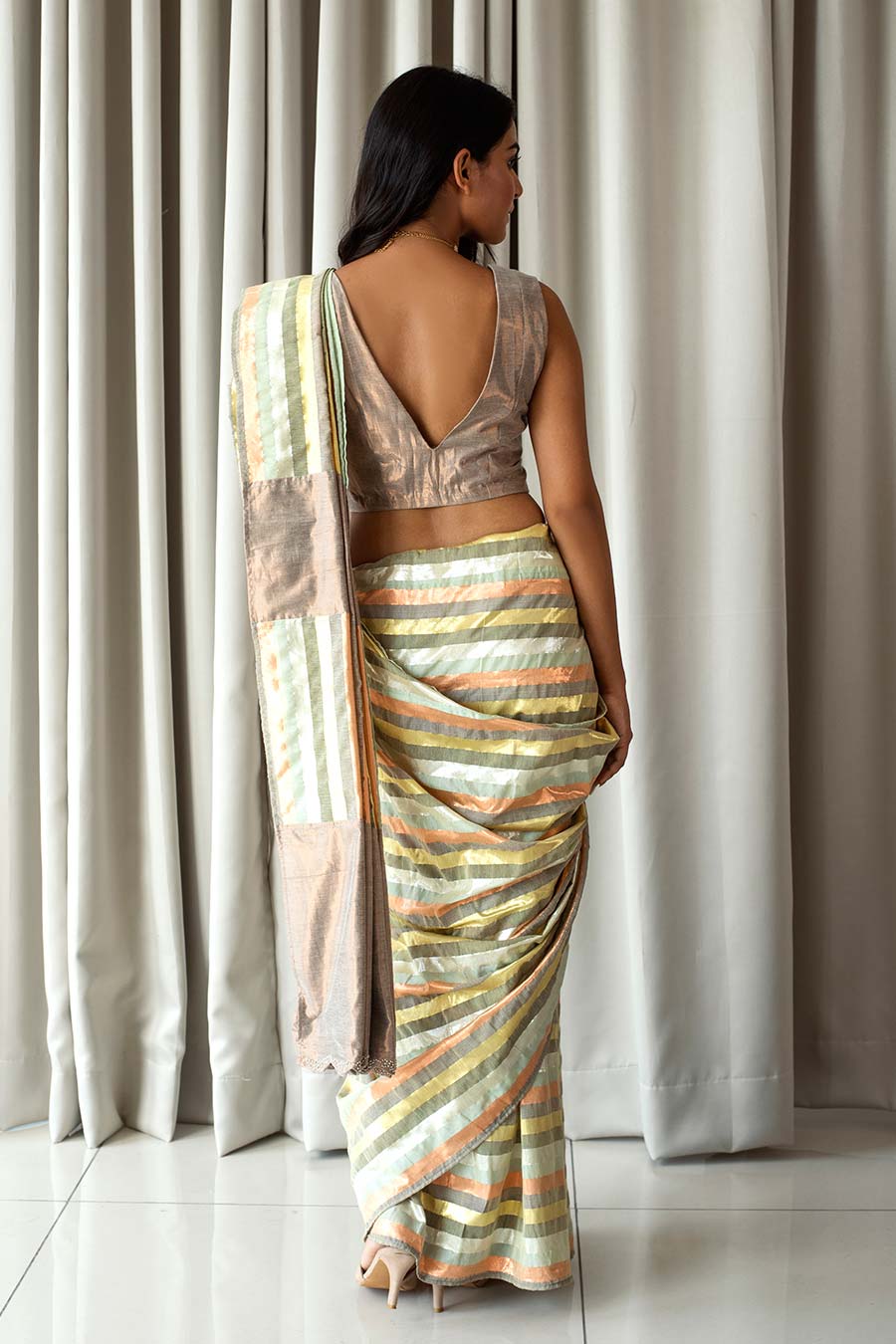 Metallic Shades Striped Saree & Blouse Set
