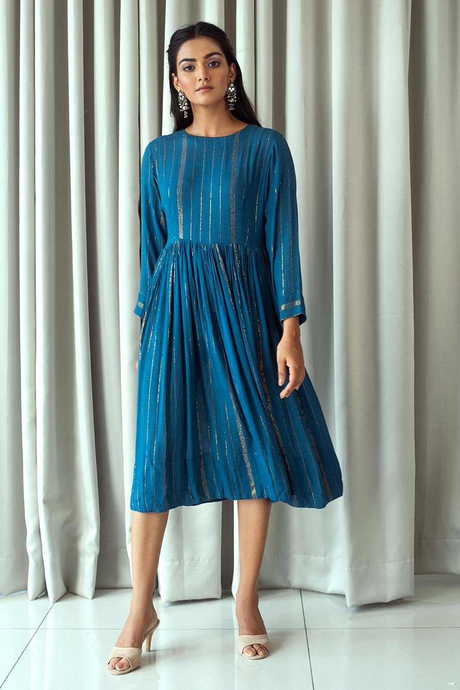 Blue & Gold Gathered Midi Dress