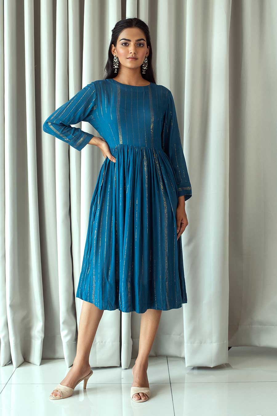 Blue & Gold Gathered Midi Dress