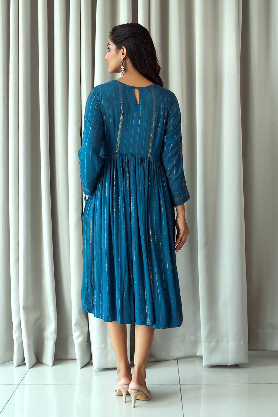 Blue & Gold Gathered Midi Dress