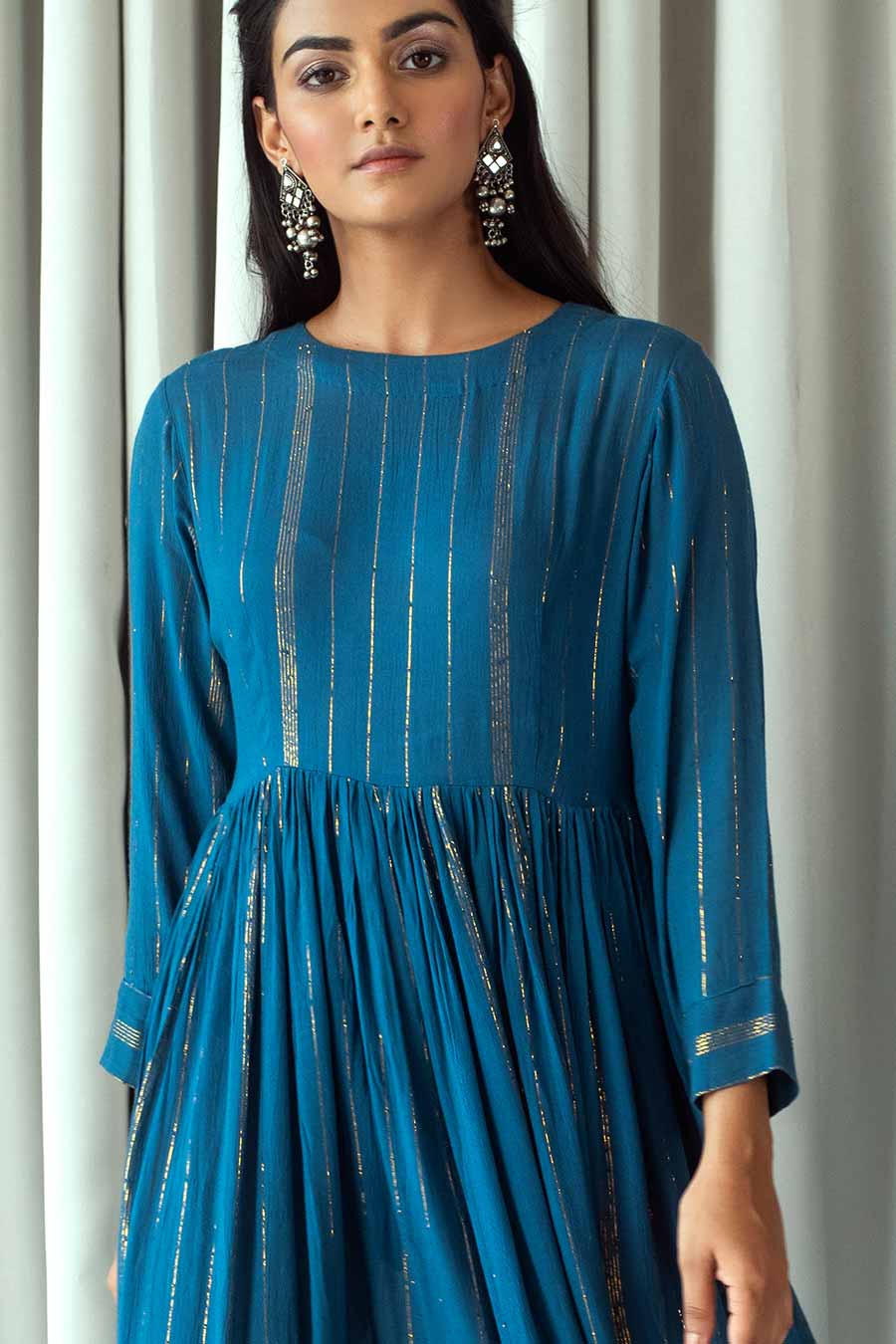 Blue & Gold Gathered Midi Dress