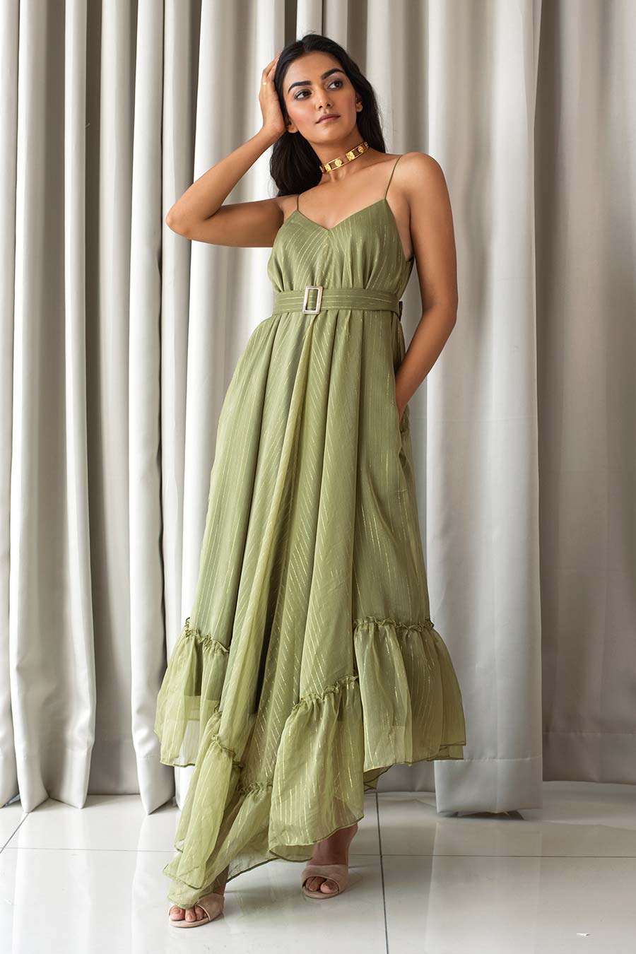 Olive Green Gathered Maxi Dress