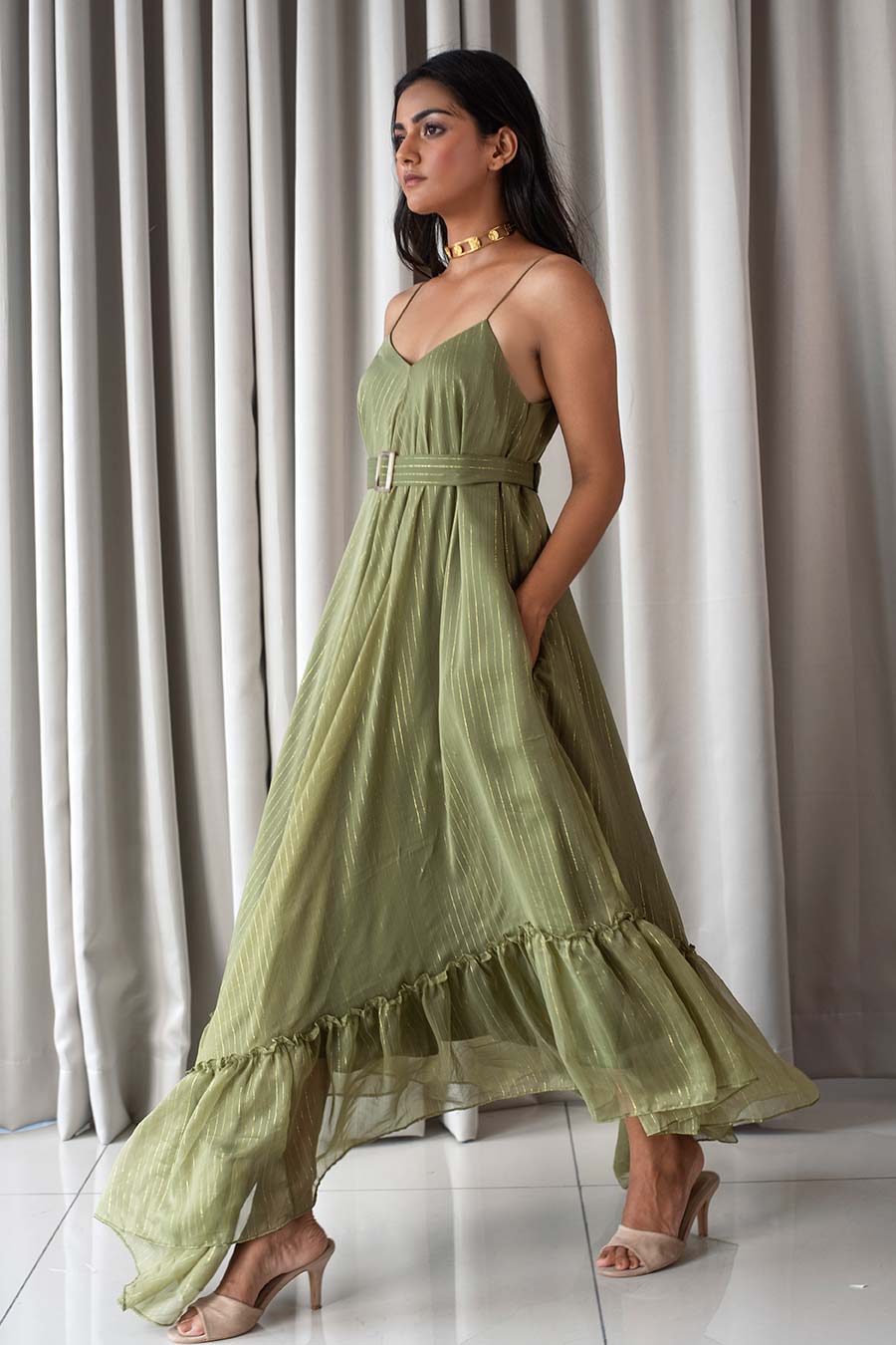 Olive Green Gathered Maxi Dress