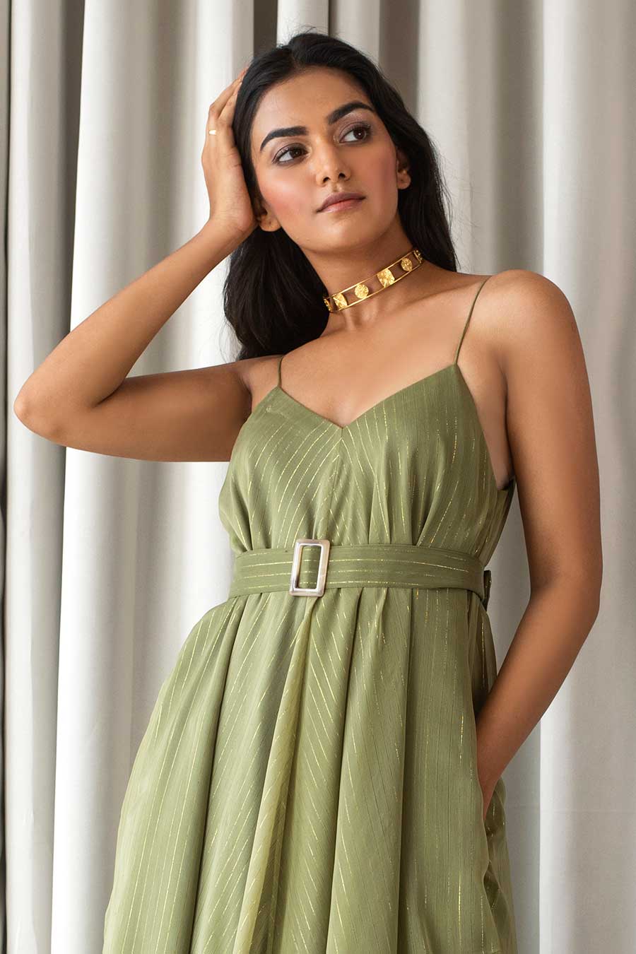 Olive Green Gathered Maxi Dress