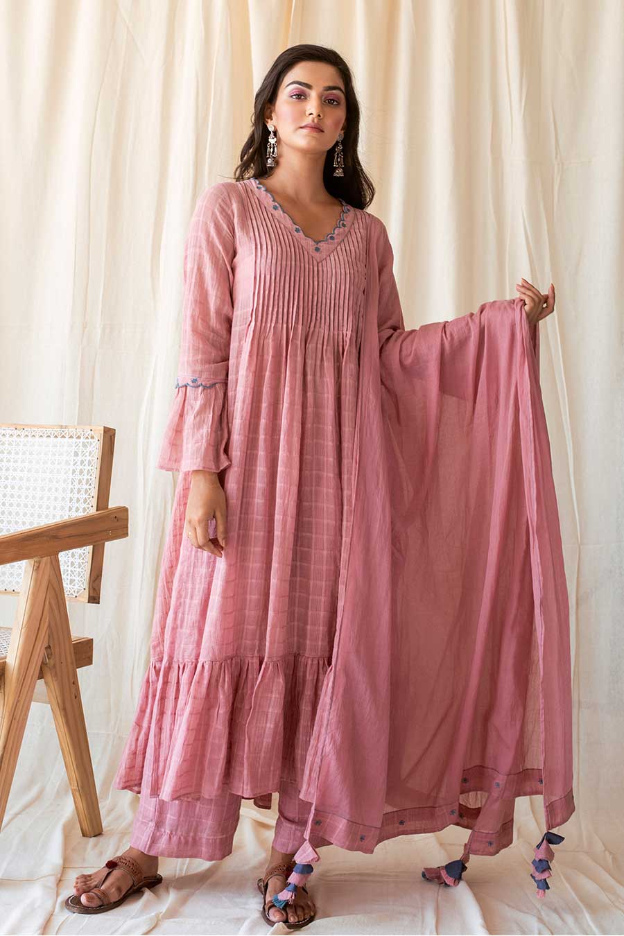 Pink Handloom Cotton Kurta Set (Set of 3)