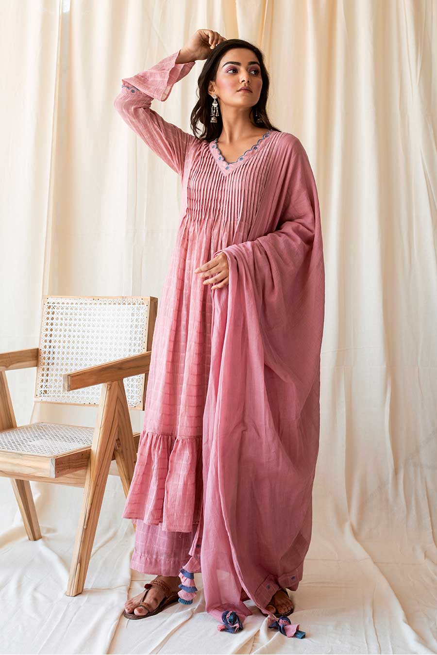 Pink Handloom Cotton Kurta Set (Set of 3)