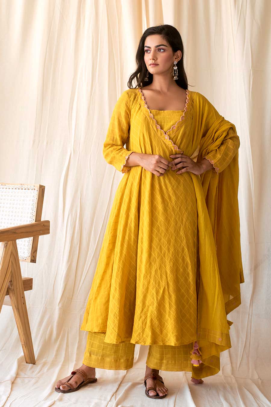 Yellow Handloom Cotton Angrakha Set (Set of 4)