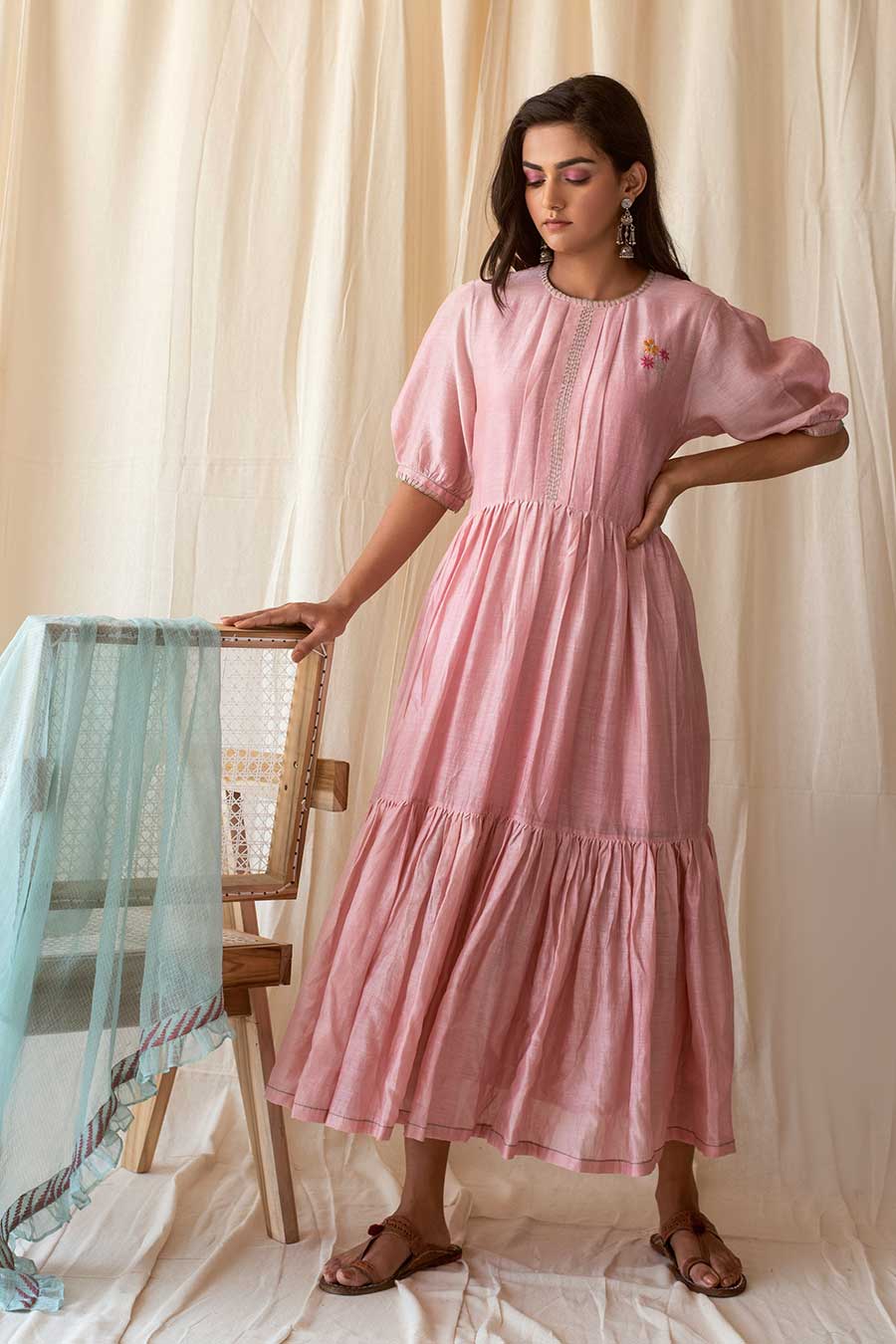 Pink Chanderi Kurta Dress & Dupatta Set