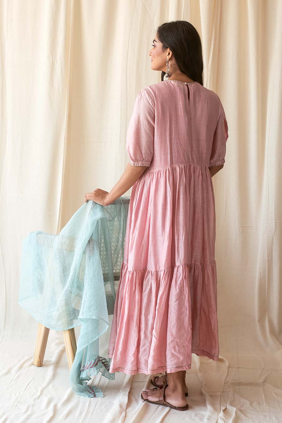 Pink Chanderi Kurta Dress & Dupatta Set