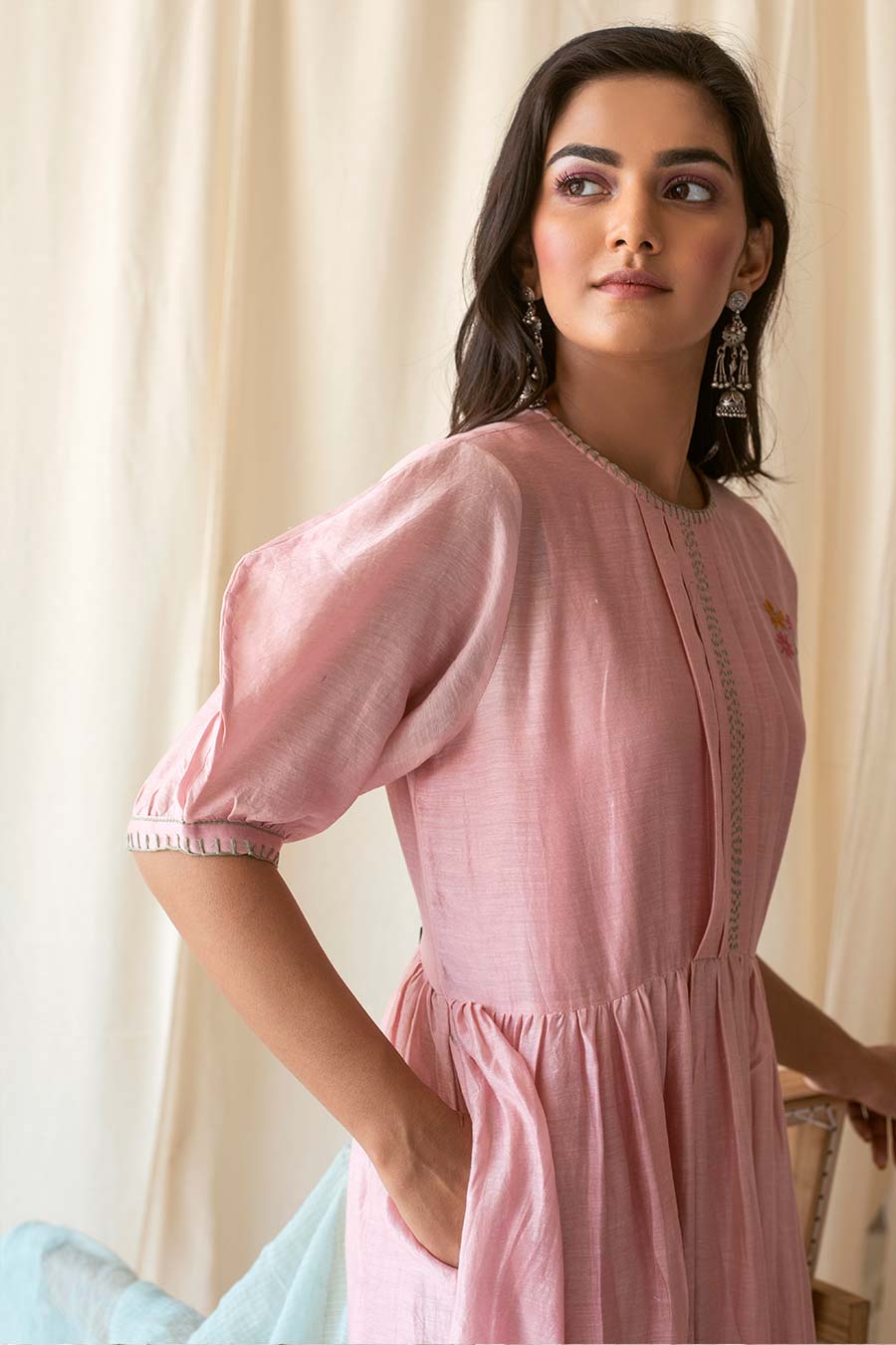 Pink Chanderi Kurta Dress & Dupatta Set