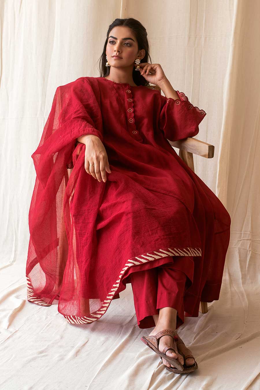 Red Handloom Kurta Set (Set of 3)