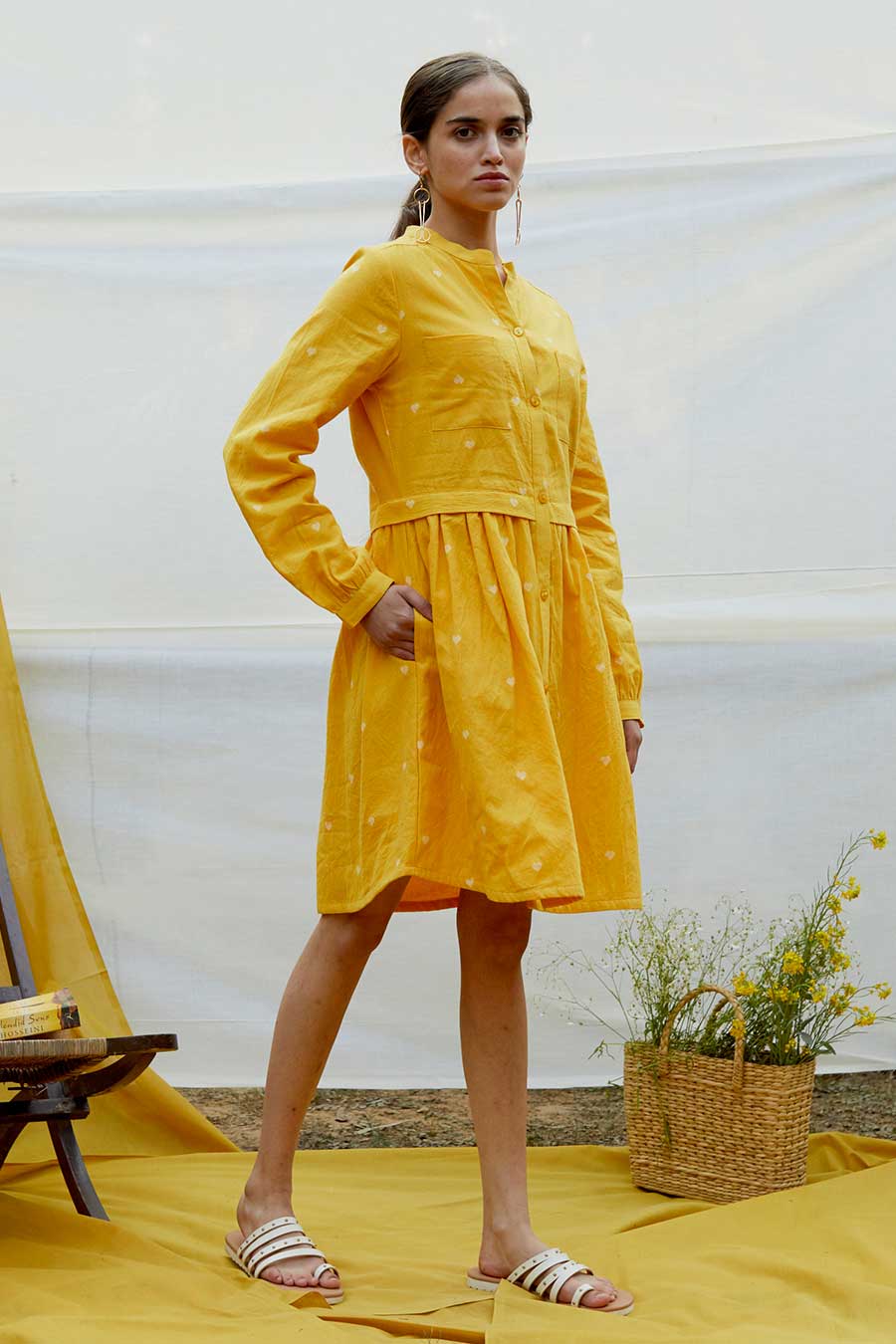 Yellow Cotton Dobby Shirt Dress