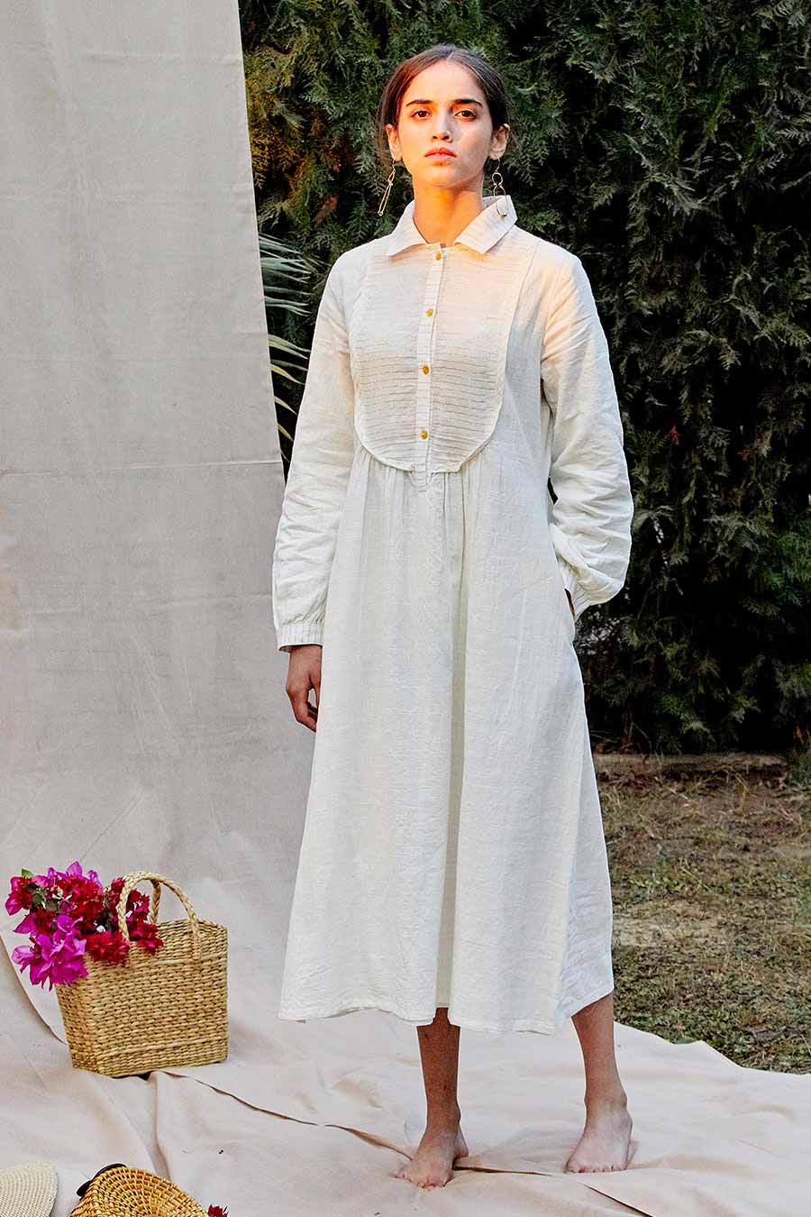 White Cotton Dress With Zari Stripes