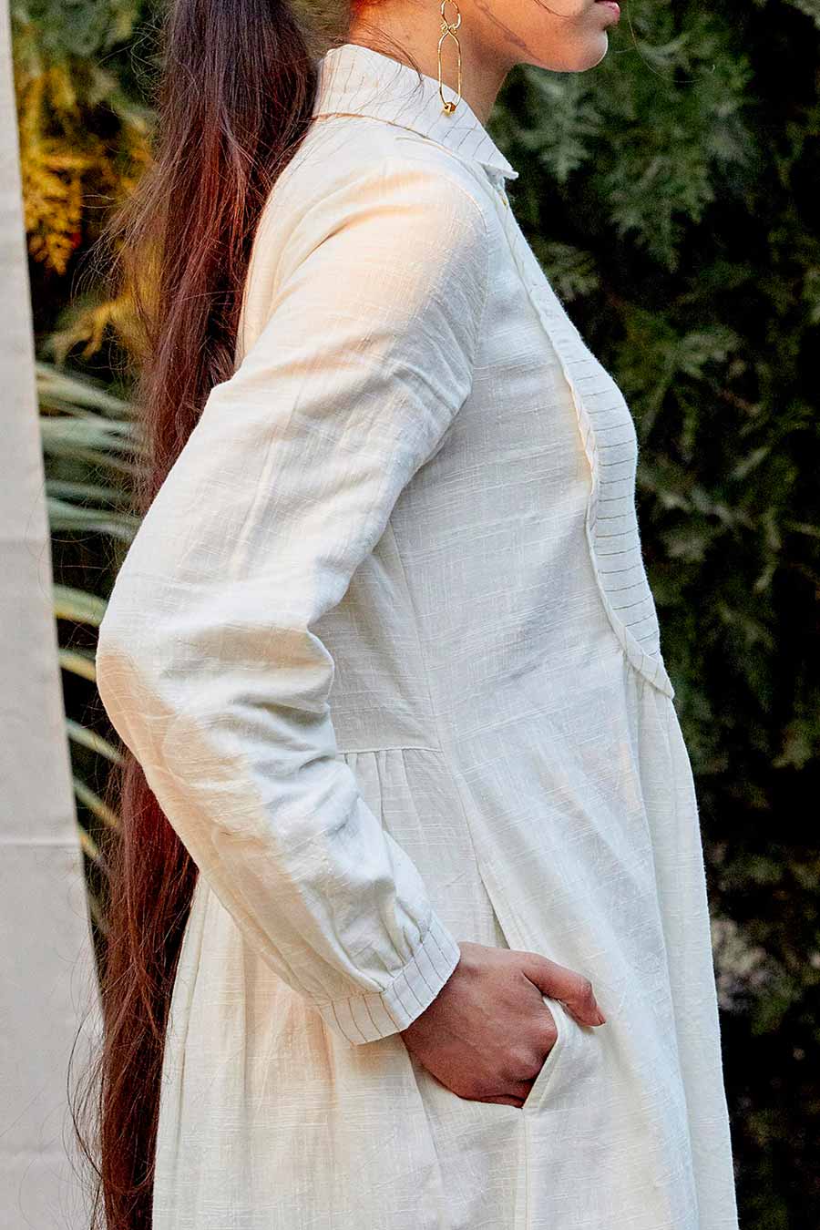 White Cotton Dress With Zari Stripes