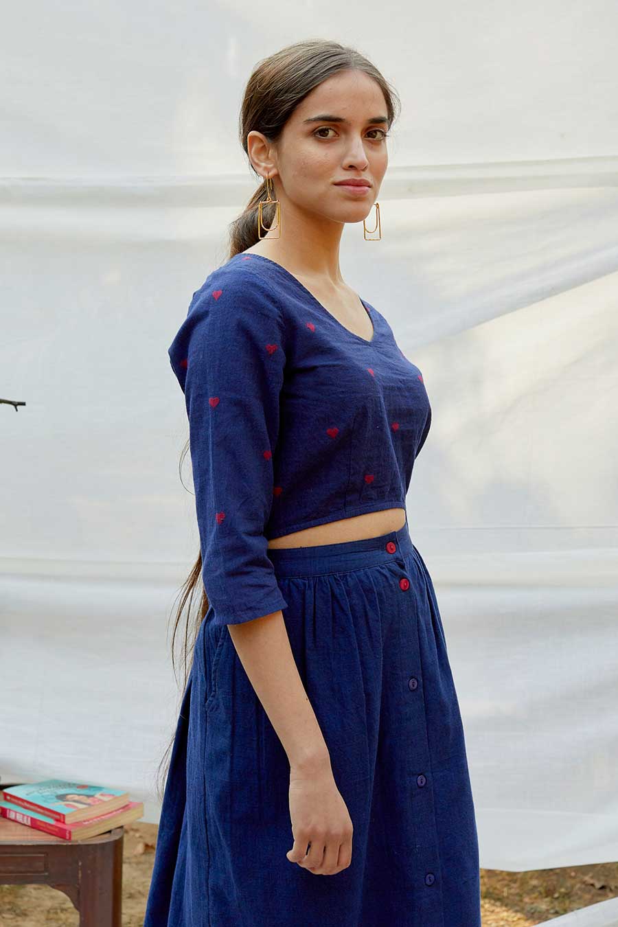 Blue Red Cotton Dobby Top Skirt Set