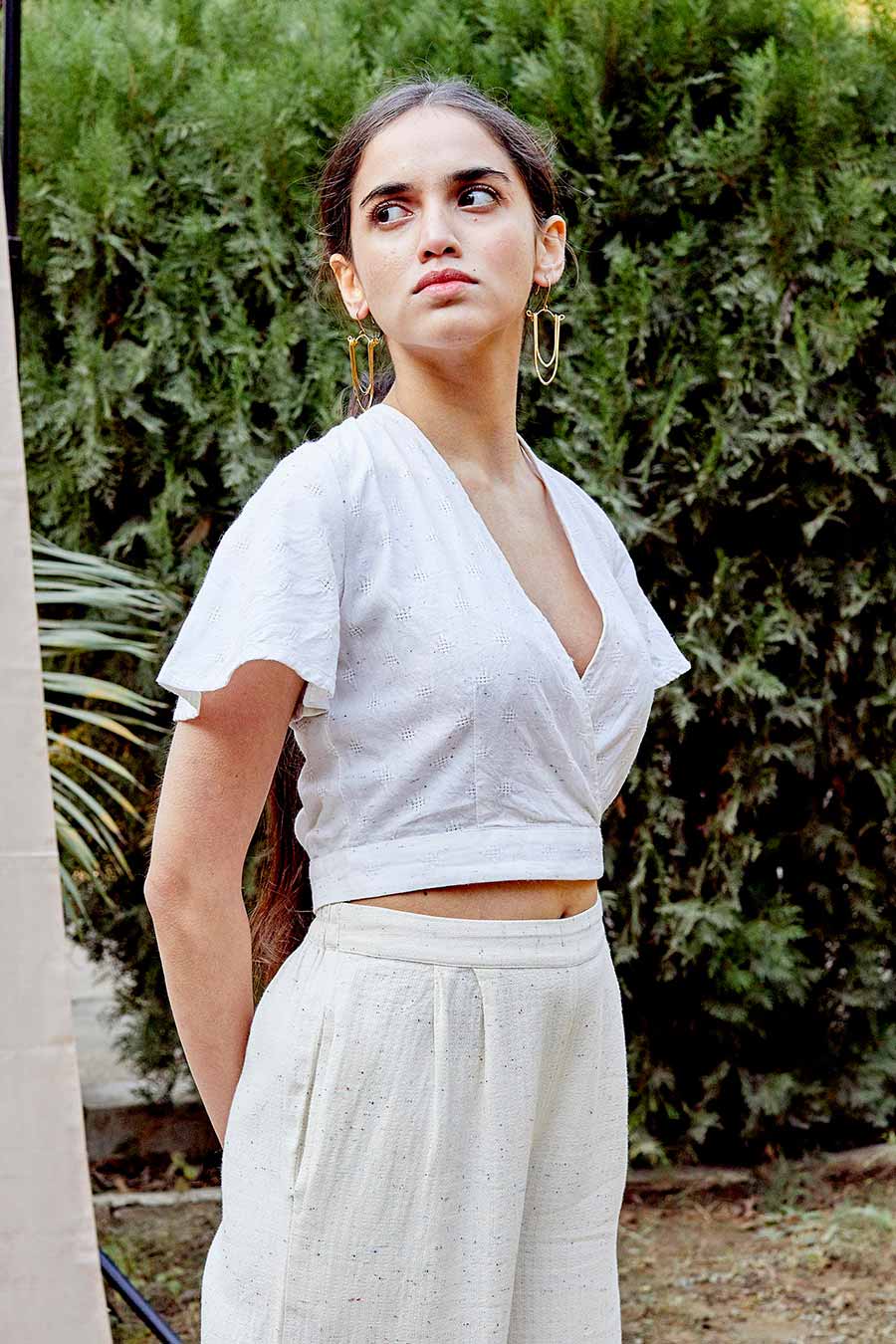White Cotton Crossover Crop Top