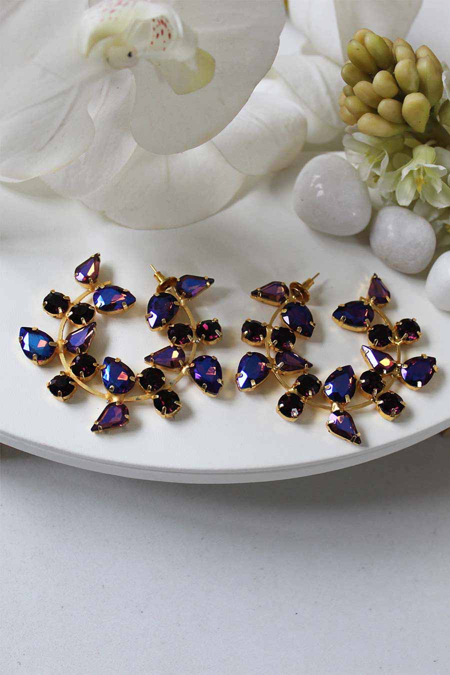 Purple Crystal Poppy Side Hoops Earrings
