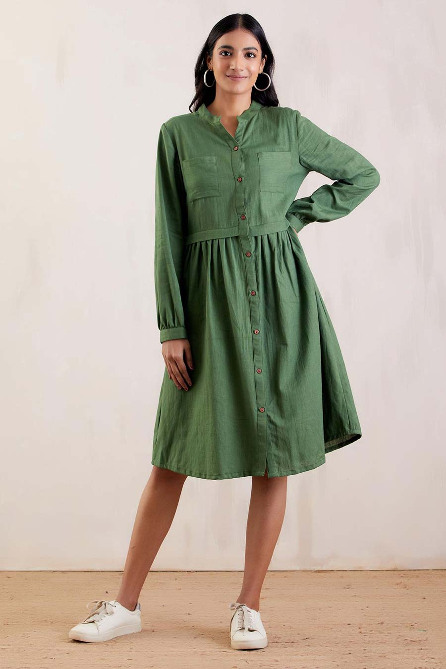 Green Textured Cotton Shirt Dress