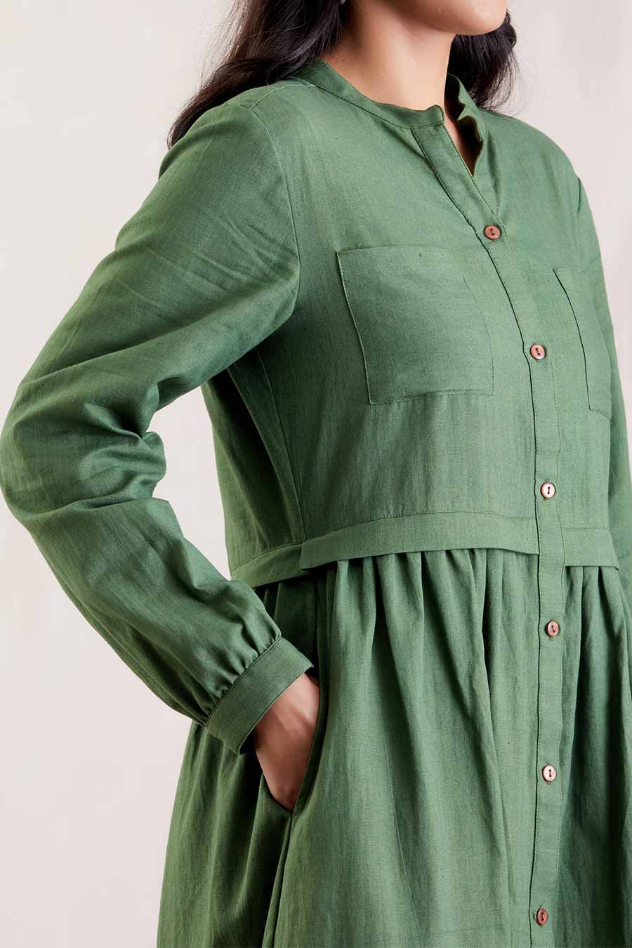 Green Textured Cotton Shirt Dress