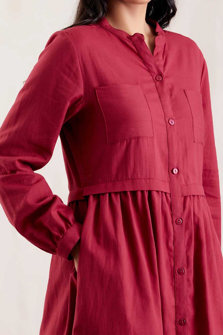 Red Cotton Midi Shirt Dress