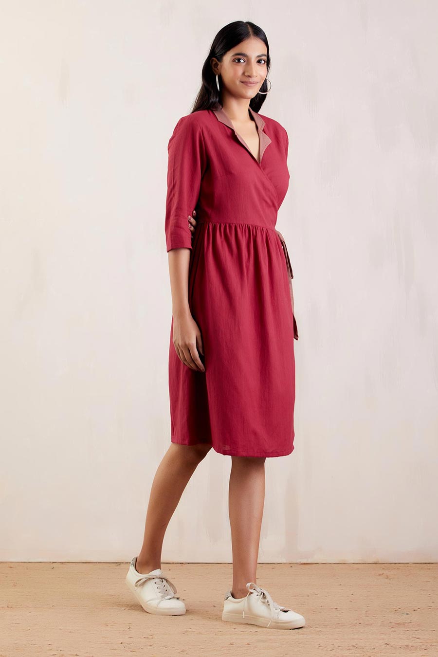 Red Cotton Collared Wrap Dress