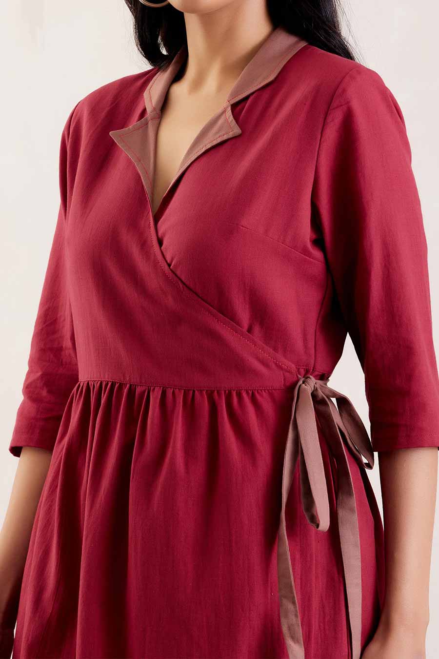 Red Cotton Collared Wrap Dress