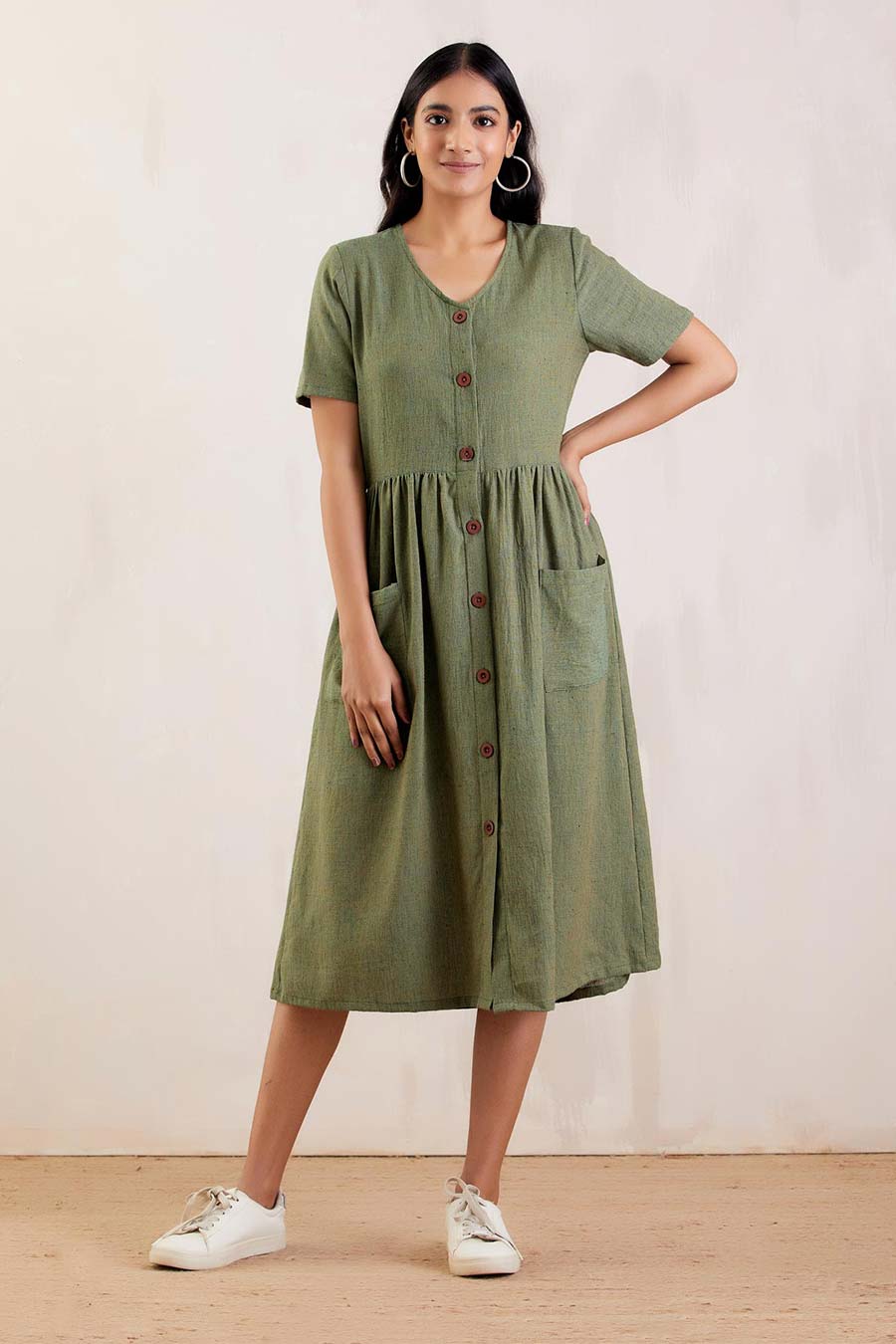Green Textured Long Shirt Dress