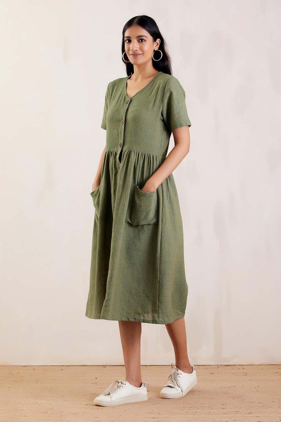 Green Textured Long Shirt Dress